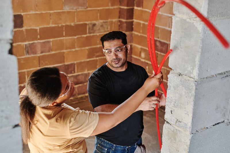 Two Delmar plumbers running a new water line along a brick wall